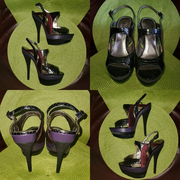 bebe Black Snakeskin, Raspberry Satin, Plum Purple Leather Peep-Toe Platforms - Picture 2 of 11